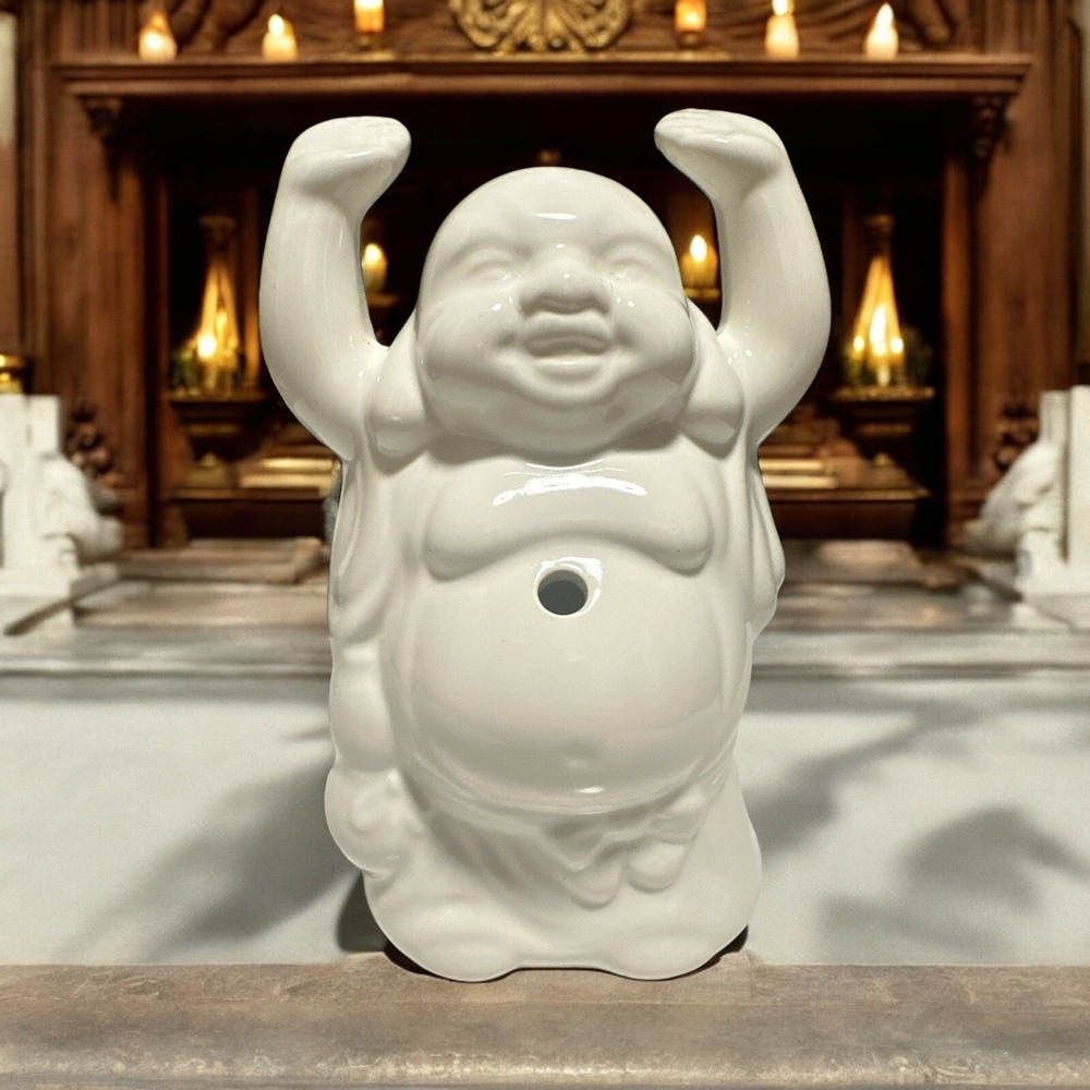 Happy Laughing Hands Up Buddha (DW123) White Ceramic Tiki Figure Made In China